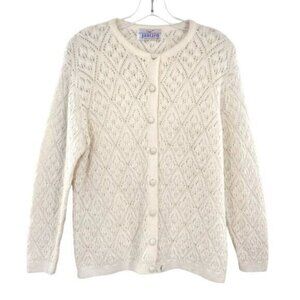 Jantzen Womens Vintage 1960s Ivory Pointelle Knit Crochet Cardigan Sweater